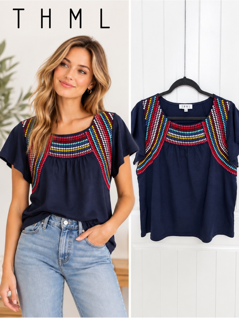 THML Navy Multicolor Embroidered Yoke Top